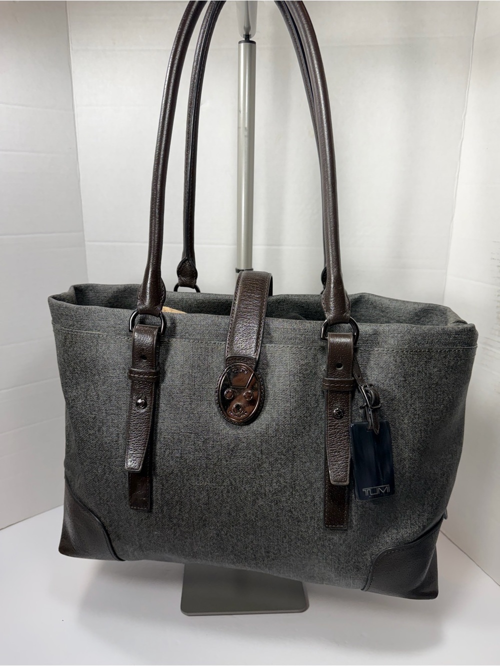Tumi Lockable Villa Turin Shopper Laptop Bag Grey Coated Twill Brown Leather